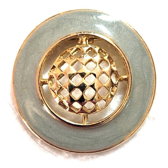 VTG Ernst Gideon Bek Gold Tone Green Enamel Brooch Pendant 80s Round Open Metal - Picture 1 of 5